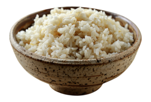 Steamed white rice served in a natural ceramic bowl, cut out - stock .. png