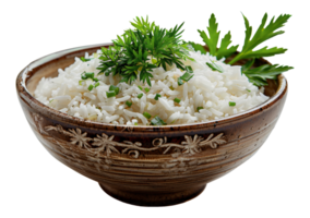 Steamed white rice served in a natural ceramic bowl, cut out - stock .. png