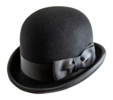 Classic black bowler hat with elegant bow ribbon, cut out - stock .. png