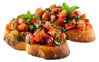 Fresh tomato bruschetta on toasted bread with basil, cut out - stock .. png