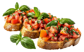 Fresh tomato bruschetta on toasted bread with basil, cut out - stock .. png