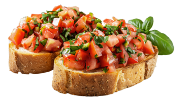 Fresh tomato bruschetta on toasted bread with basil, cut out - stock .. png
