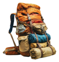 Colorful modern hiking backpack loaded with camping gear, cut out - stock .. png