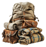 Vintage camping gear with leather backpack and blankets, cut out - stock .. png