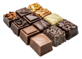 Assorted gourmet chocolate bars with various toppings, cut out - stock .. png