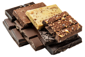 Assorted gourmet chocolate bars with various toppings, cut out - stock .. png