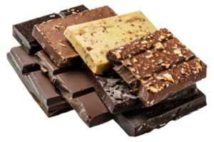 Assorted gourmet chocolate bars with various toppings, cut out - stock .. png