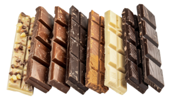 Assorted gourmet chocolate bars with various toppings, cut out - stock .. png