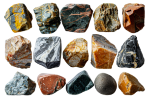 Collection of raw mineral stones with unique textures, cut out - stock .. png
