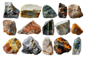 Collection of raw mineral stones with unique textures, cut out - stock .. png