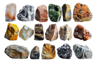 Collection of raw mineral stones with unique textures, cut out - stock .. png