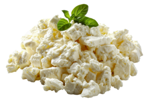 Cottage cheese served in a wooden bowl with basil, cut out - stock .. png