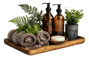 Spa essentials set with green plants on wooden tray, cut out - stock . png