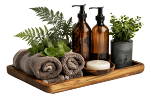 spa essentiel ensemble avec vert les plantes sur en bois plateau, Couper en dehors - Stock . png