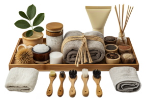 Natural spa and wellness products on bamboo tray, cut out - stock . png