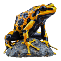 Colorful orange and black poison dart frog on rock, cut out - stock . png