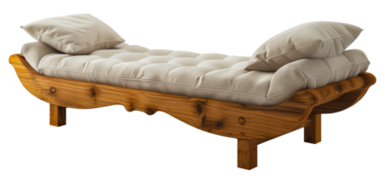 Handcrafted wooden chaise lounge with padded cushions, cut out - stock .. png