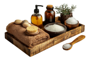 Rustic spa setup with brown towels and natural products, cut out - stock . png