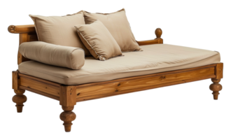 Rustic wooden daybed with neutral cushions, cut out - stock .. png