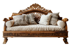 Ornate carved wooden daybed with patterned pillows, cut out - stock .. png