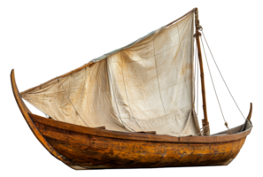 Old wooden sailing boat with canvas sail, cut out - stock .. png