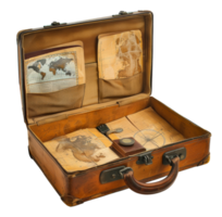 Vintage ▾ Marrone pelle valigia con viaggio Accessori, tagliare su - azione .. png