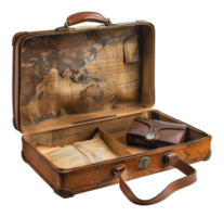 Open vintage suitcase with old maps and coins, cut out - stock .. png