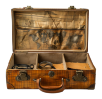 Open vintage suitcase with old maps and coins, cut out - stock .. png