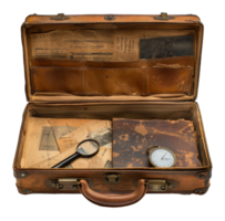 Open vintage suitcase with old maps and coins, cut out - stock .. png