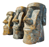 Trio of weathered stone faces with expressive features, cut out - stock .. png
