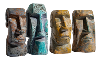 Set of four ancient tribal stone idols with detailed carvings, cut out - stock .. png