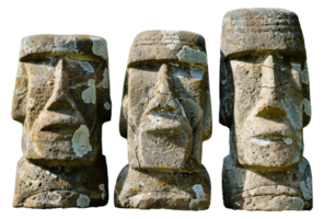 Set of three ancient tribal stone idols with detailed carvings, cut out - stock .. png