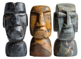 Set of three ancient tribal stone idols with detailed carvings, cut out - stock .. png