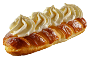 Cream-filled eclair with dusted sugar on glossy pastry, cut out - stock .. png
