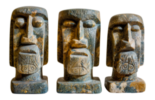 Set of three ancient tribal stone idols with detailed carvings, cut out - stock .. png