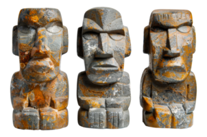 Set of three ancient tribal stone idols with detailed carvings, cut out - stock .. png