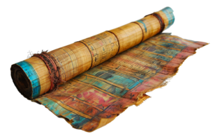 Vibrant ancient Egyptian papyrus scroll with colorful art, cut out - stock .. png