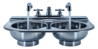 Stainless steel double sink with dual faucets, cut out - stock .. png