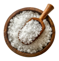 White sea salt crystals in wooden bowl with spoon, cut out - stock .. png