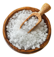 White sea salt crystals in wooden bowl with spoon, cut out - stock .. png