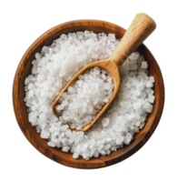 White sea salt crystals in wooden bowl with spoon, cut out - stock .. png