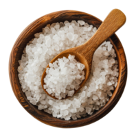 White sea salt crystals in wooden bowl with spoon, cut out - stock .. png