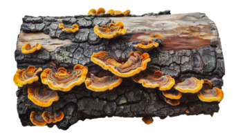 Detailed log with orange fungi growing on bark, cut out - stock .. png