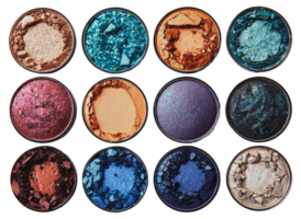 Collection of colorful eyeshadows in round containers, cut out - stock .. png