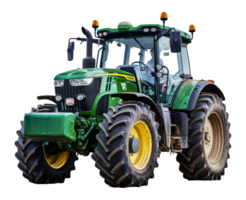 Green vintage tractor with large treaded wheels, cut out - stock . png