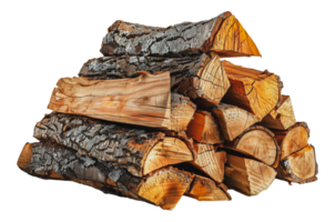 Rugged log pile of chopped wood ready for burning in rustic setting, cut out - stock .. png