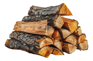 Rugged log pile of chopped wood ready for burning in rustic setting, cut out - stock .. png