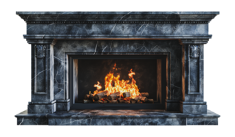 Classic blue marble fireplace with vibrant fire and detailed mantel, cut out - stock .. png