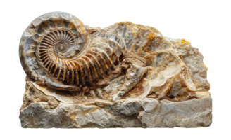 Spiral ammonite fossil embedded in rock, cut out - stock .. png