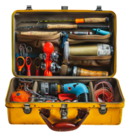 Vintage fishing tackle box fully stocked with rods and reels, cut out - stock .. png